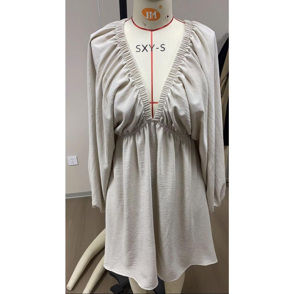 New Original Design V Neck Long Puff Sleeve Swing A-line Dress for Women, Casual Party Dress for European American Crossborder