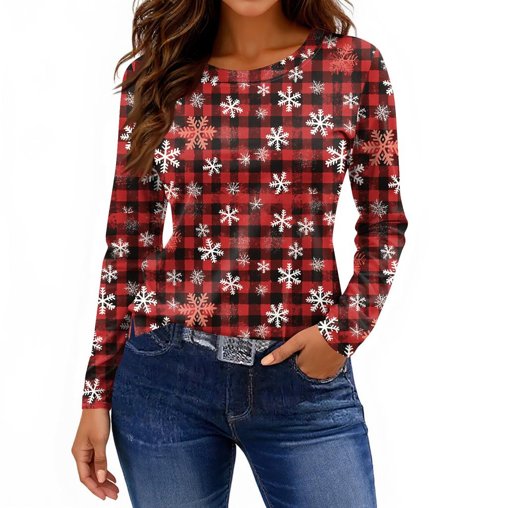 Maglietta da donna alla moda casual con spacchi sul fondo, scollo rotondo, manica lunga, ampia, stampata