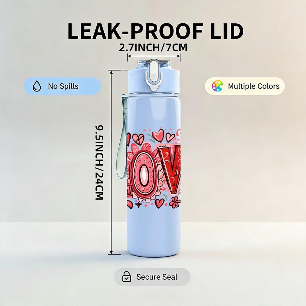 1PC Big Red LOVE Letter Art Print 750ml Color Plastic Sports Water Bottle Leakproof Flip Straw Lid Suitable for Sports Office Home Use