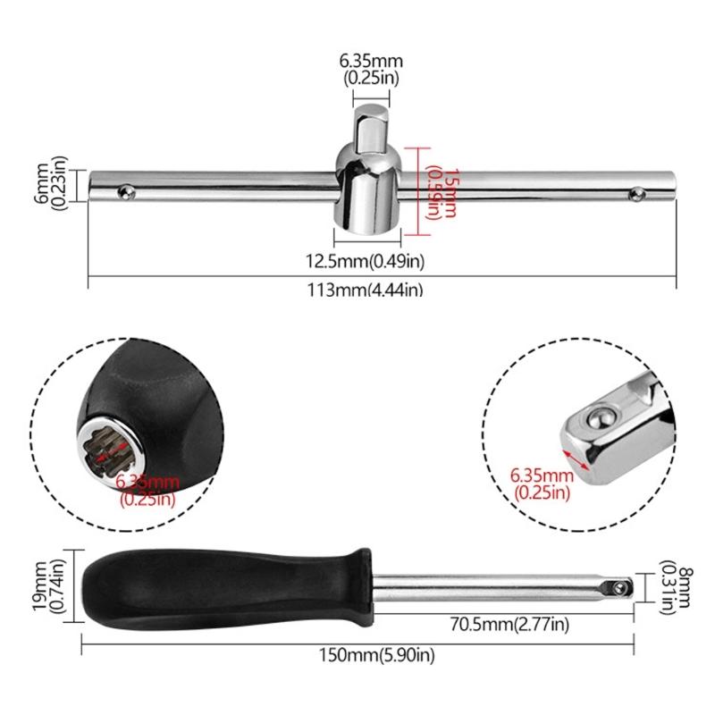 1/4" Drive Carbon Steel Sliding Handle Adapter 2 Pack Socket Wrench Extension For Tight Space Car Repair