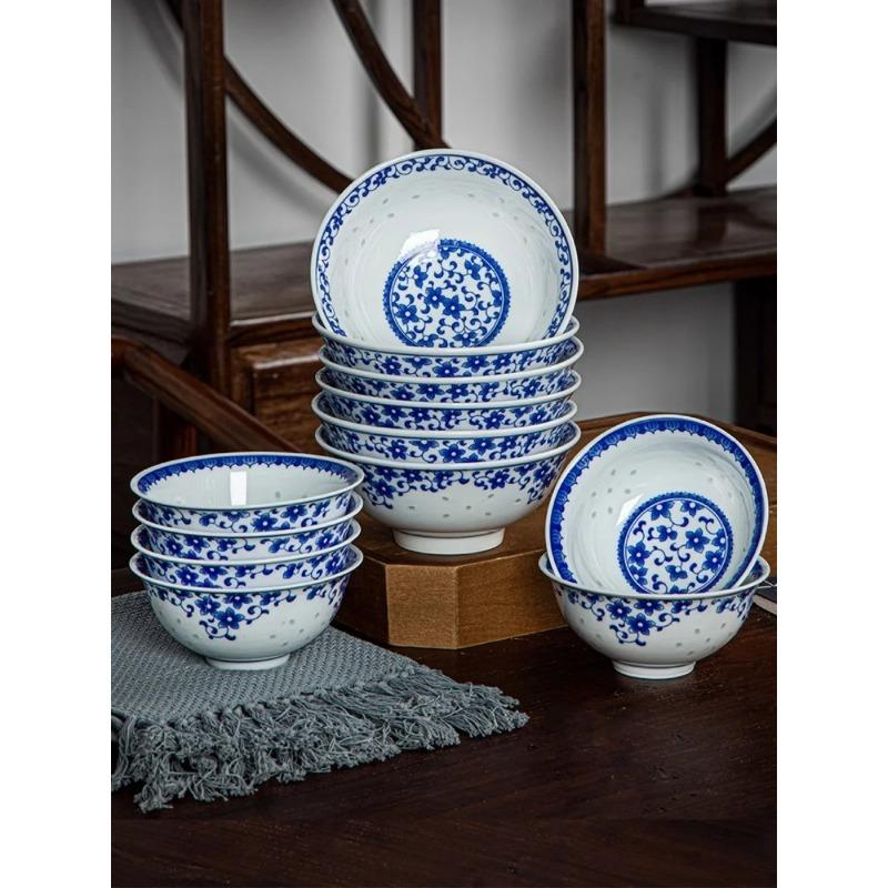 Jingdezhen Ceramic Rice Bowl Blue And White Porcelain Bowl Dinnerware Food Holder Underglaze Luminous Chinese Soup Noodle Bowls