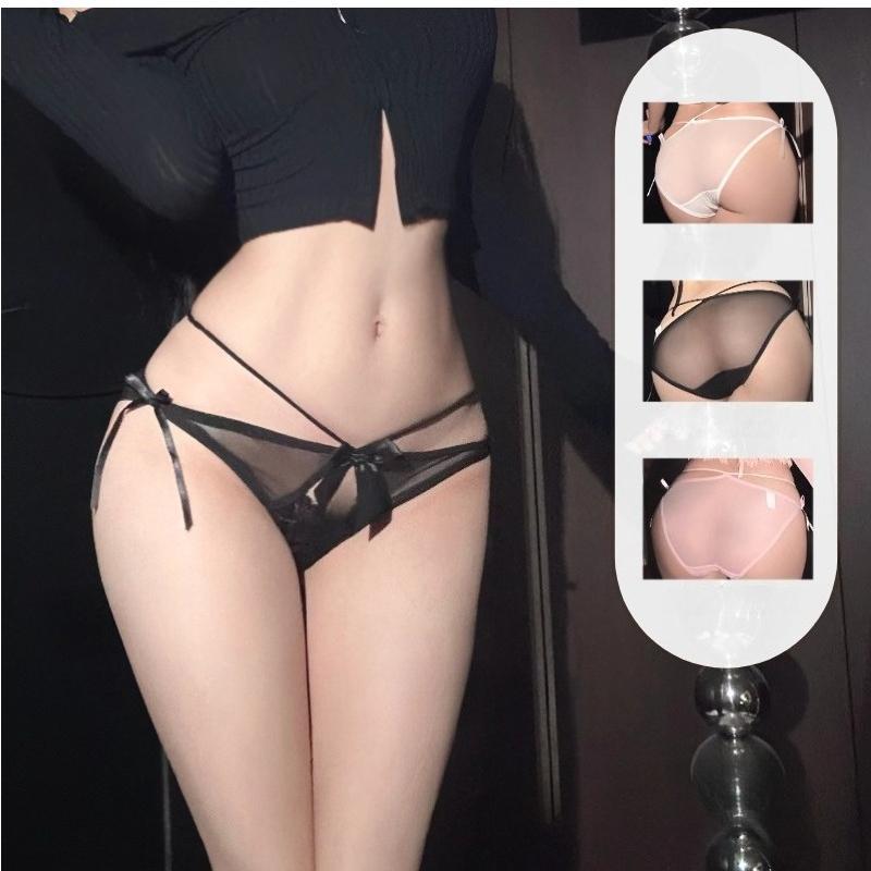 Sexy and alluring bow-tie lace panties for women, adjustable, hollowed-out see-through mesh, breathable low-waisted briefs
