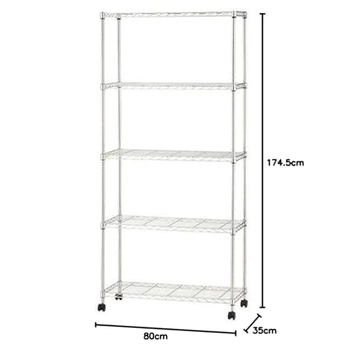IRIS OHYAMA Metal Shelf, 5-Tier, with Casters, Rust-Resistant, 19mm Pole Diameter, 80cm Wide X 35cm Deep X 174.5cm High, Silver, SEM-8018