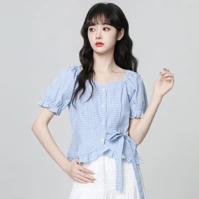 Women Blue White Gingham Square Neck Puff Sleeve Tie Waist Ruffle Shirt L