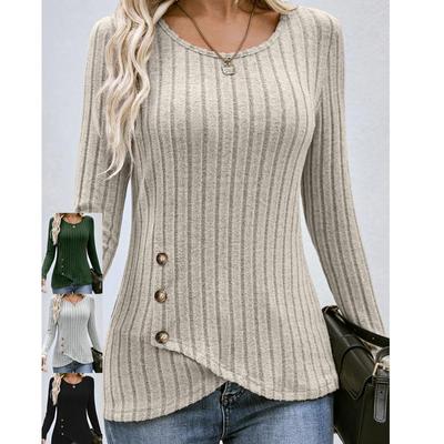 Autumn Winter Long-sleeved Round Neck Top Women's Fashion Casual Irregular Solid Color Street Style Buttons Pullover T-shirt