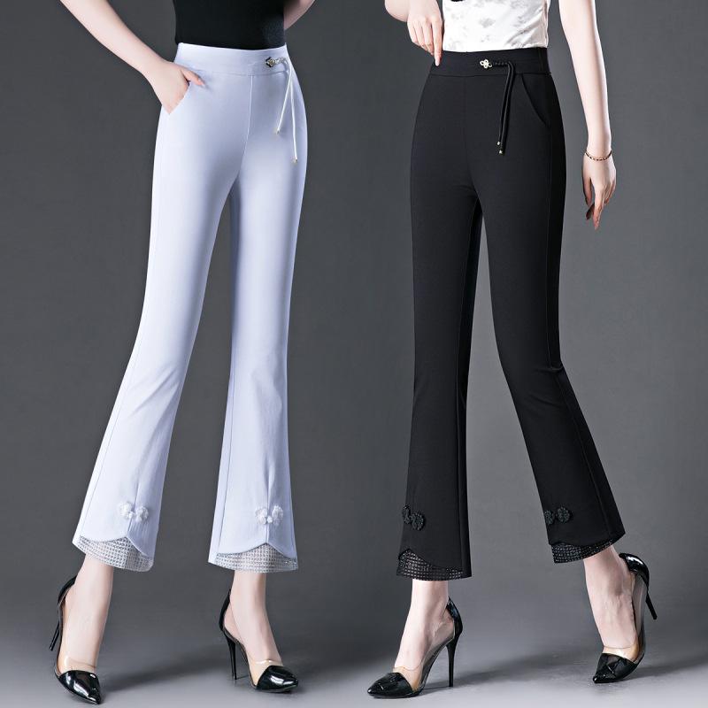 2024 Letní Dámské Zeštíhlující Strečové Zvonové Kalhoty s Vysokým Pasem - Národní Styl Rybí Ocas Skinny Střih pro Maminky Středního Věku