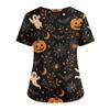 Women V Neck Printed Short Sleeve Scrub Top with Side Slits and Pockets Halloween Themed Comfortable Fit
