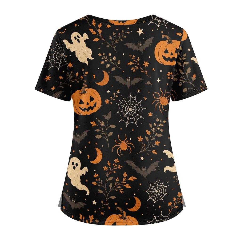 Women V Neck Printed Short Sleeve Scrub Top with Side Slits and Pockets Halloween Themed Comfortable Fit