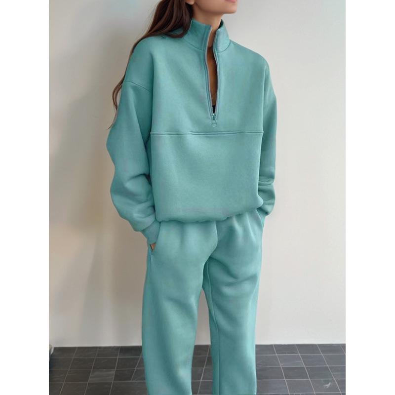 2025 European Autumn/Winter Fashion Zipper Lapel Solid Color Casual Two-Piece Set