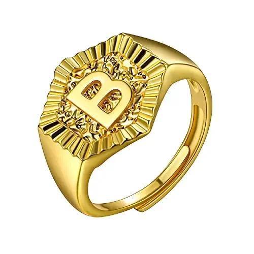 Hexagon Surface 3D Embossed A-Z Initial Letter Rings for Man Woman Adjustable Size A-Z 14k Gold Color Family Signet Jewelry