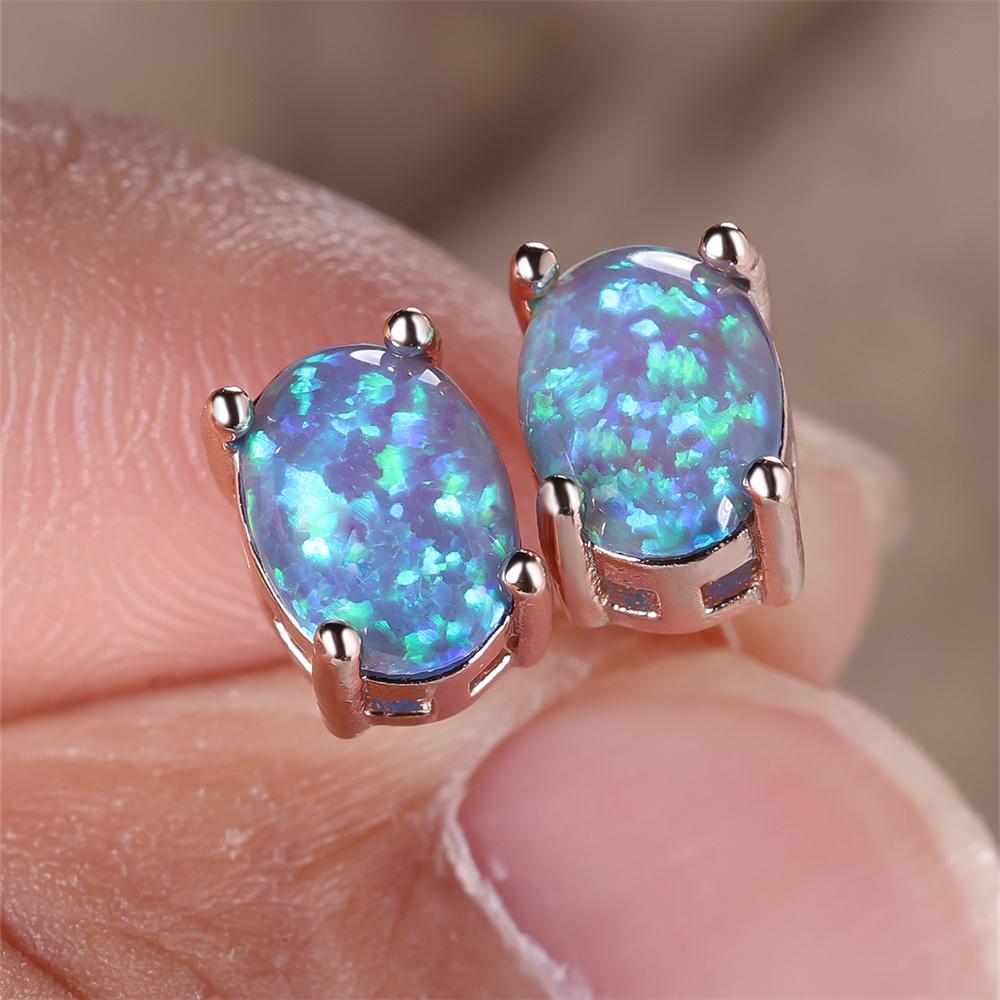 Green Blue White Opal Small Oval Stone Stud Earrings For Women Vintage Rose Gold Color Wedding Jewelry Bridal Engagement Gifts