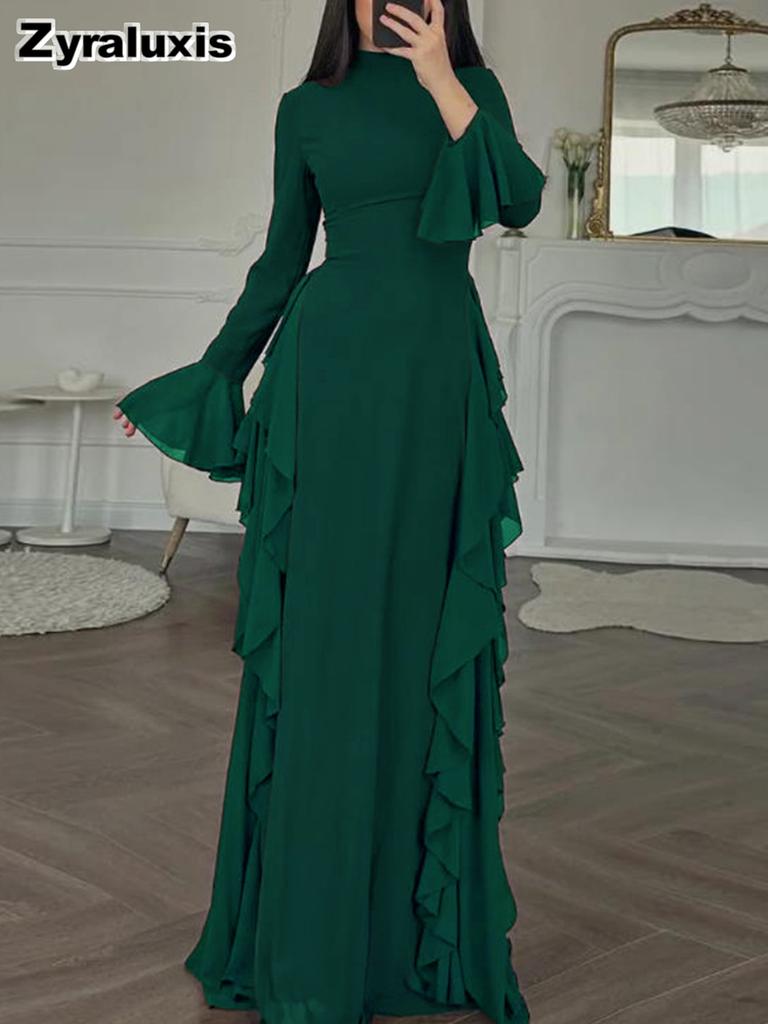 New Women's Elegant Casual High Waist Solid Color Bell Sleeve Dress