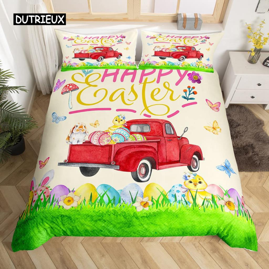 Easter Rabbit Tail Comforter Cover Pastel Pink Tulip Flowers Duvet Cover Twin Easter Eggs Kawaii Animal Bedding Set Easter Decor