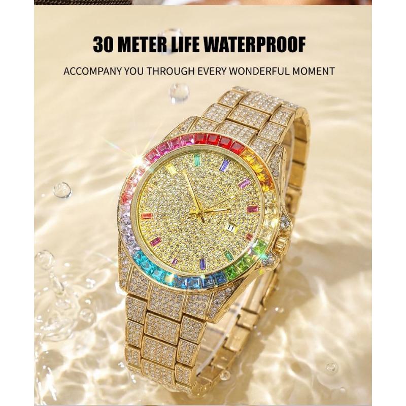 Luxury Gold Iced Out Men's Quartz Watch Rainbow Bezel Full Diamond Dial Hip Hop Bling Wristwatch for Men