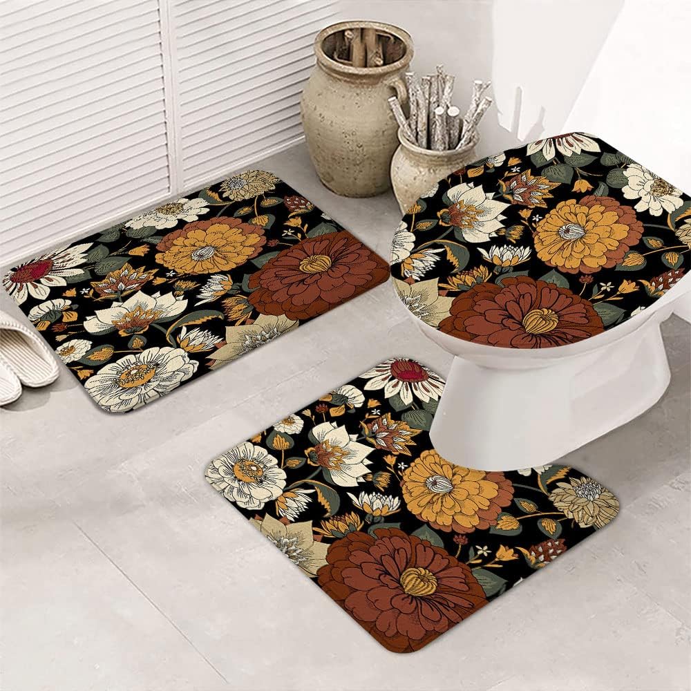 Boho Floral Botanical Bath Rugs for Bathroom, Mid Century Morden Abstract Bohemian Flowers Tropical Leaves Non Slip Flannel Bathroom Rug, Dry Fast