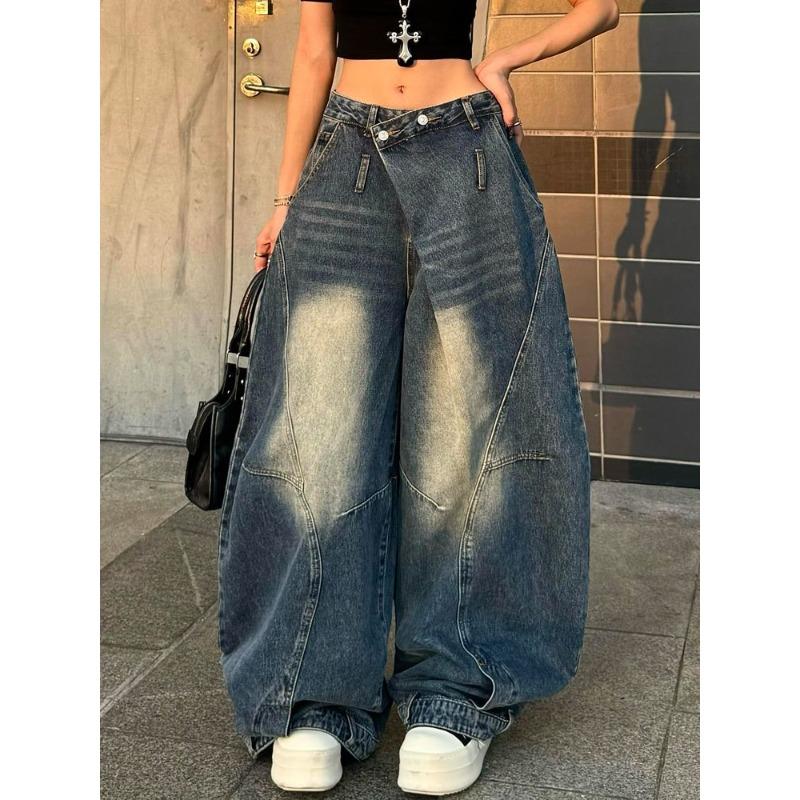

High Waisted Vintage Plus Size American Wide Leg Jeans Women Loose Lazy Style Crooked Waistband Pants S