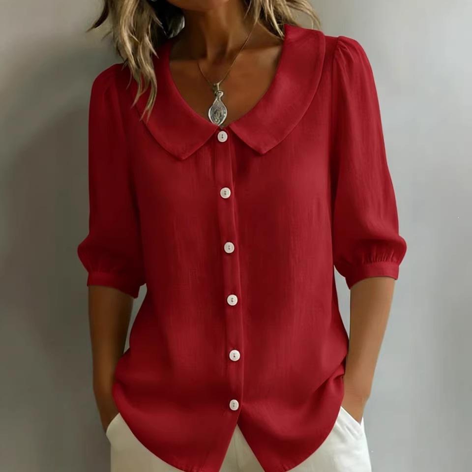 Women's Peter Pan Collar Puff Short Sleeve Button Down Solid Linen Blend Shirt Loose Casual Blouse For Summer Daily Office