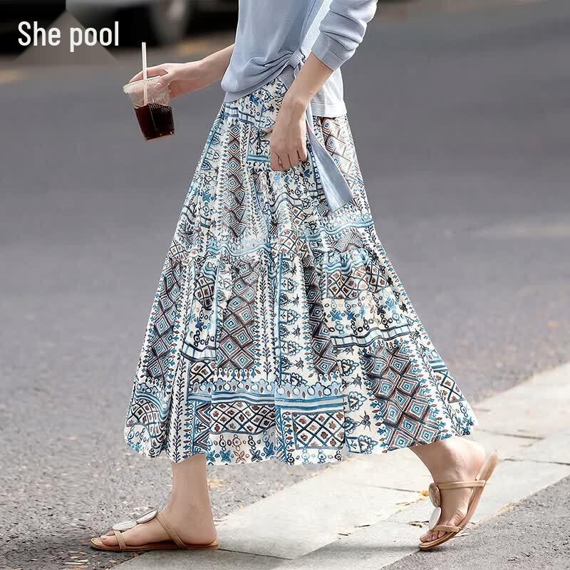 Women s Ethnic Print High-Waist A-Line Midi Skirt One Size