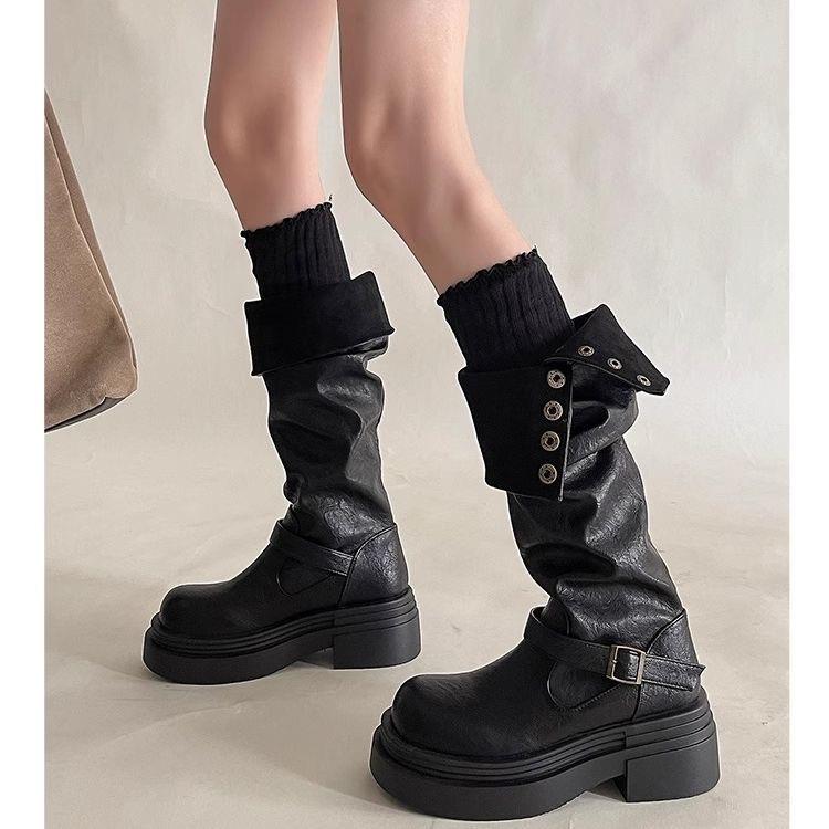 Fashion Women's Platform Motorcycle Boots Buckle Strap Thick-soled Boots Feamle New  Black PU Leather Western Knight Botas Mujer