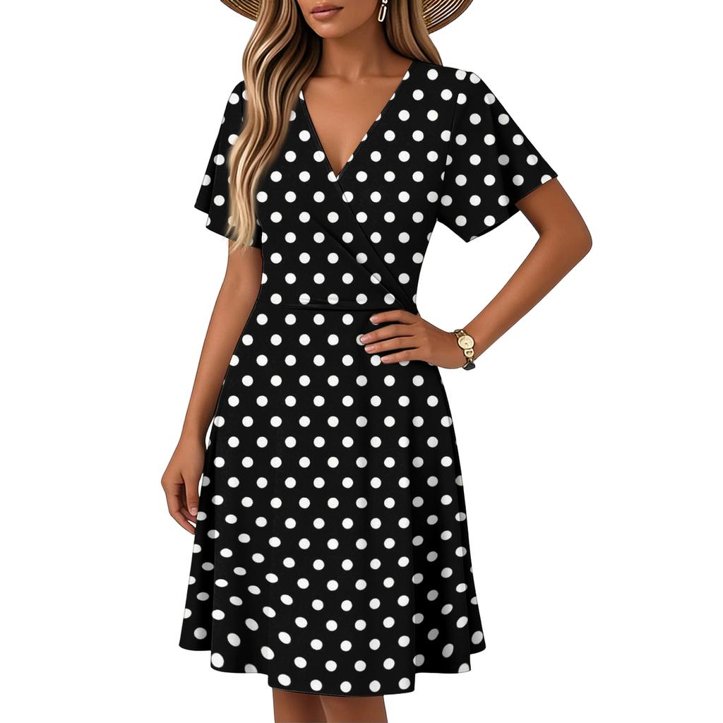 Women’s Flare-Sleeve Short-Sleeve Casual Dress Polka-Dot Printed V-Neck Dress