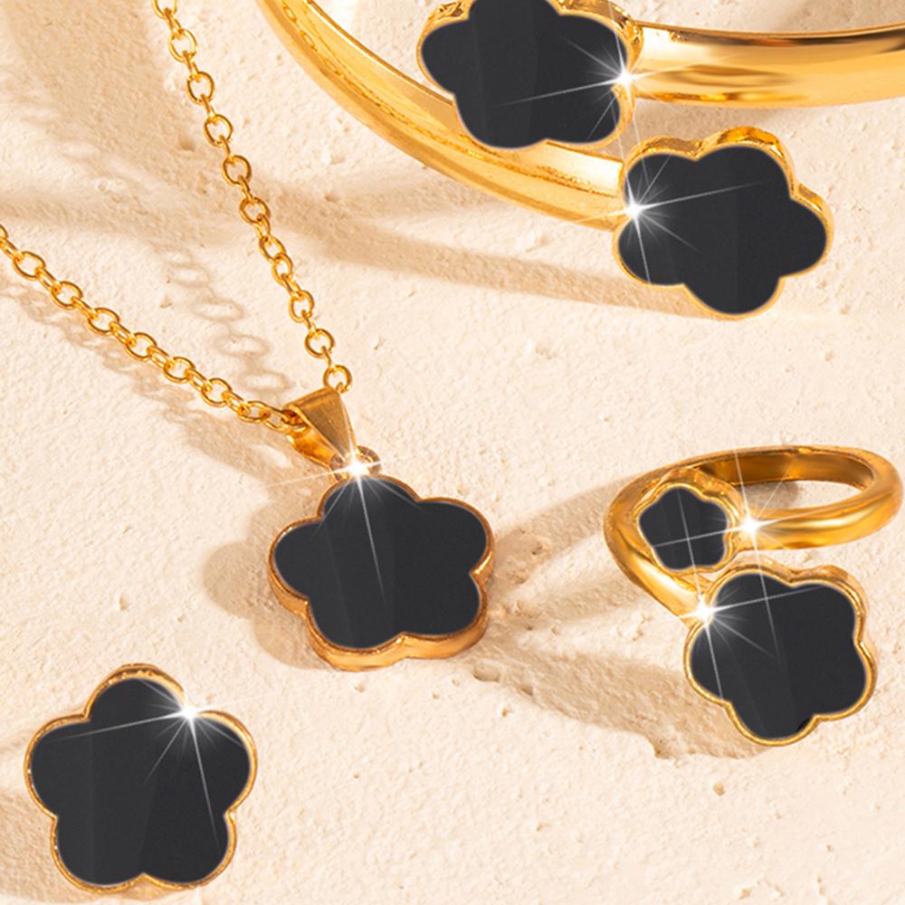 1 Pair Stud Earrings +1 Pc Necklace +1 Pc Bracelet +1 PcBangle +1 Pc Ring With Lucky Flower Design Alloy Zircon SetTrendy