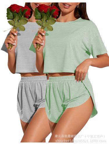 Women's Summer Pajamas Two-piece Set Striped Short Sleeve T-Shirt Split Shorts Loungewear