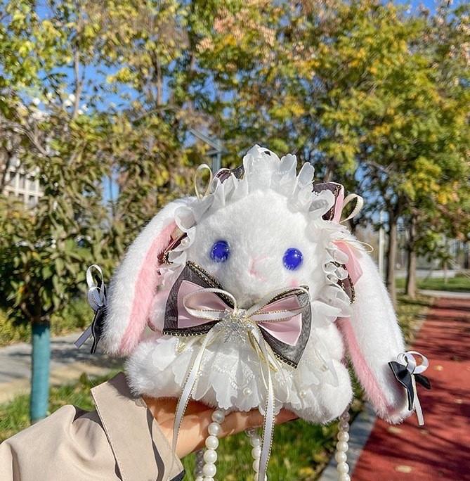 

Rabbit Lolita Butterfly Details Student Plush Bag Handheld And Shoulder Strap Black Handle