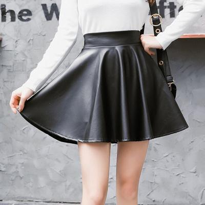 Women Faux Leather Skirt High Waist Elastic Waist Solid Color Soft Pleated Skirt Breathable Smooth Above Knee Length Club Nightclub Short Mini Skirt