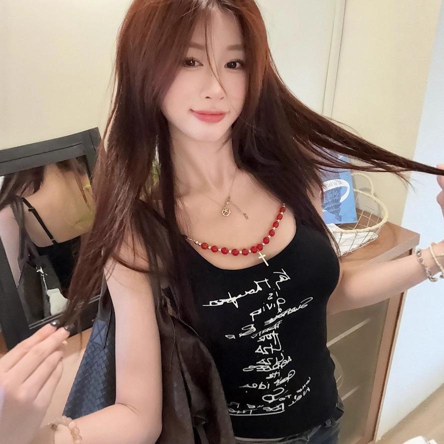 #Summer new sweet and spicy letter printing necklace removable sling vest slim fixing belt chest pad versatile