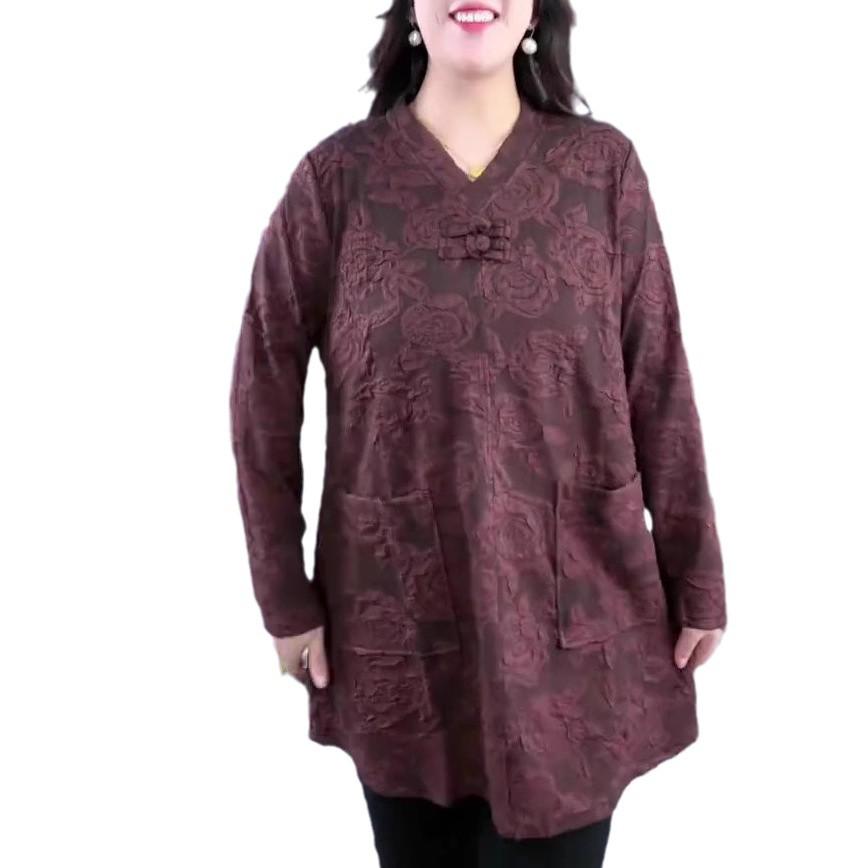 Plus Size Jacquard Frog Button T-shirt - Autumn/Winter Chinese Style for Middle-Aged Women