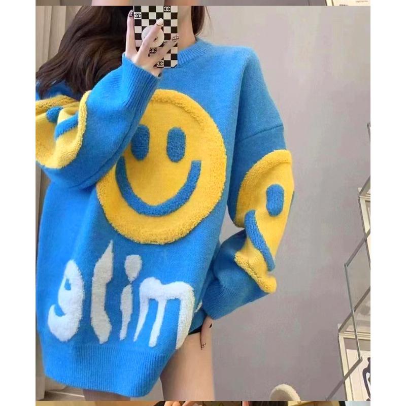 

Осака свободный свитер женский осень и зима женская одежда модный универсальный повседневный пуловер средней длины с круглым вырезом и смайликом вязаный топ one size fits all небесно-голубой