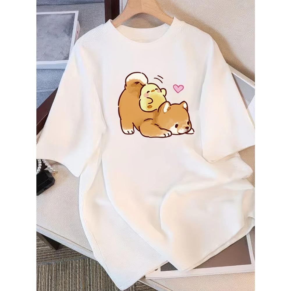 Kawaii Shiba Inu and Chick Graphic T Shirt Cute Cartoon Dog Print Summer Short Sleeve Loose Top Harajuku Daily Wear Cool Top