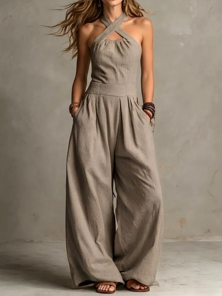 2026 summer new neck cross jumpsuit, European and American style waist back wide-leg pants, cross-border women's clothing