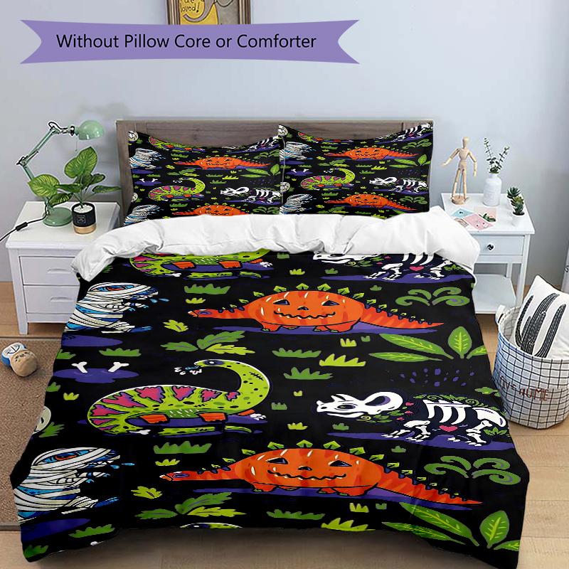 

3pcs Halloween Dinosaur Parade Printed Quilt Set, Soft and Comfortable Quilt Cover for Bedroom 135x200cm