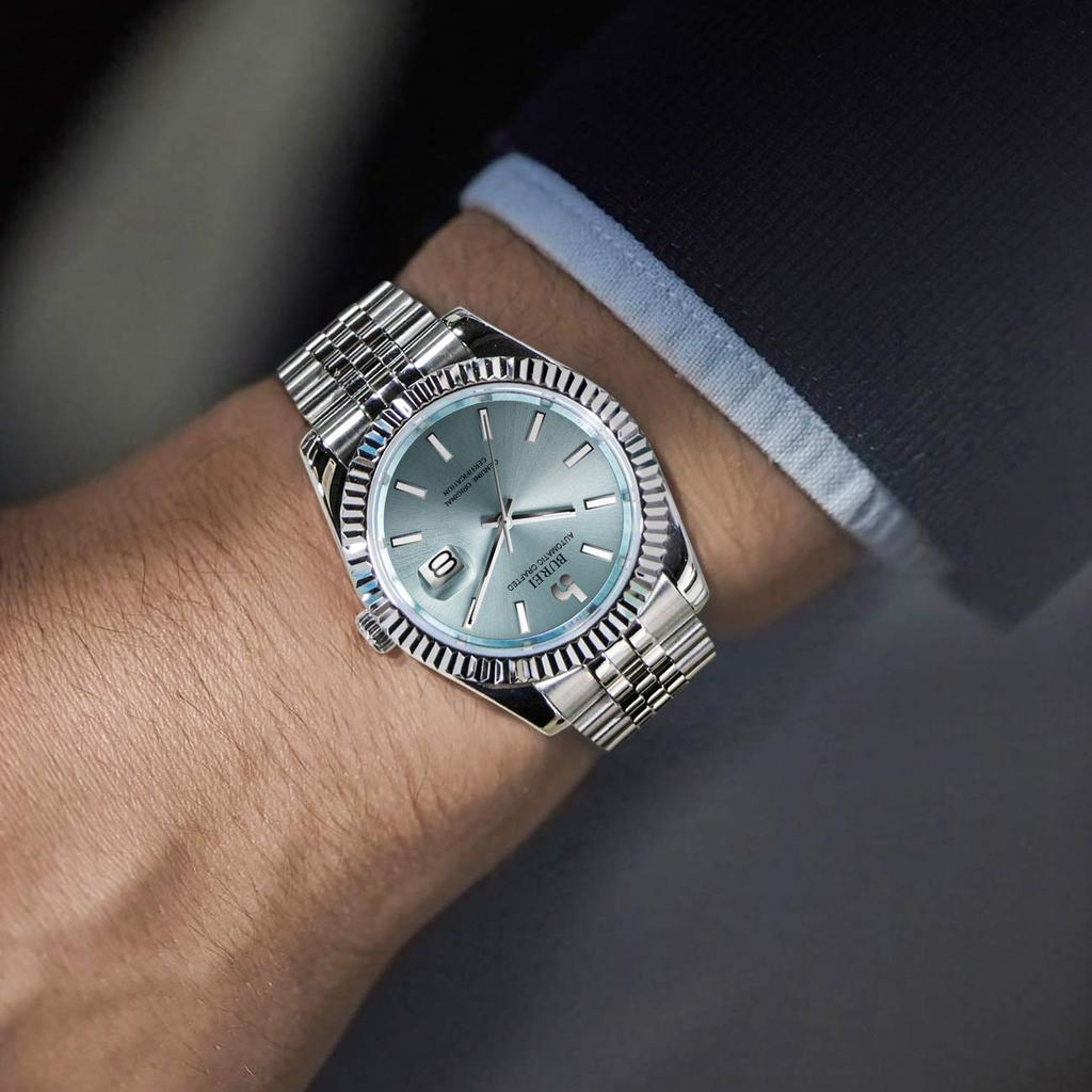 Automatic Brand Luminous [BUREI] Men's Watch, Waterproof, Analog, Mechanical, Popular, Business, Date, Watch, Simple, Casual, (Light Blue)