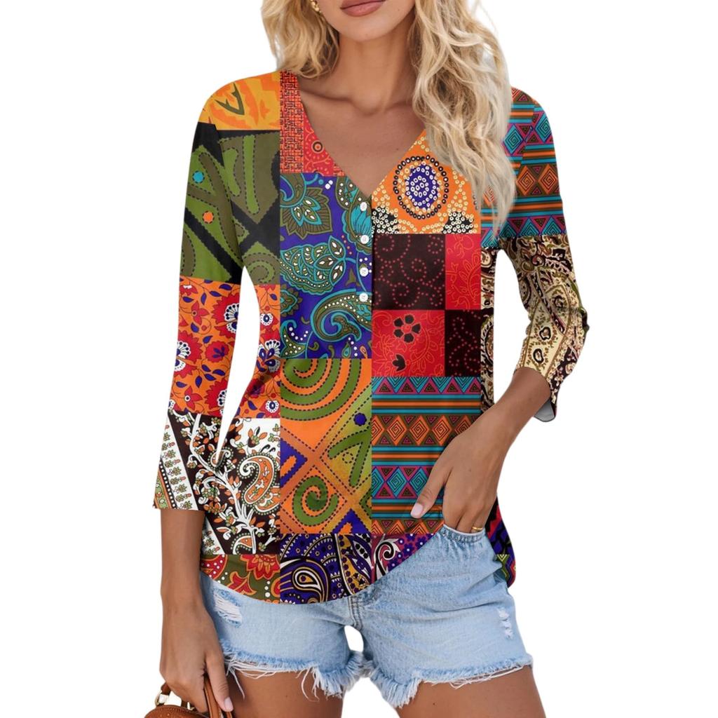 Women's Casual Fashion Sexy Comfortable V-Neck Button Floral Three-quarter Sleeve Top