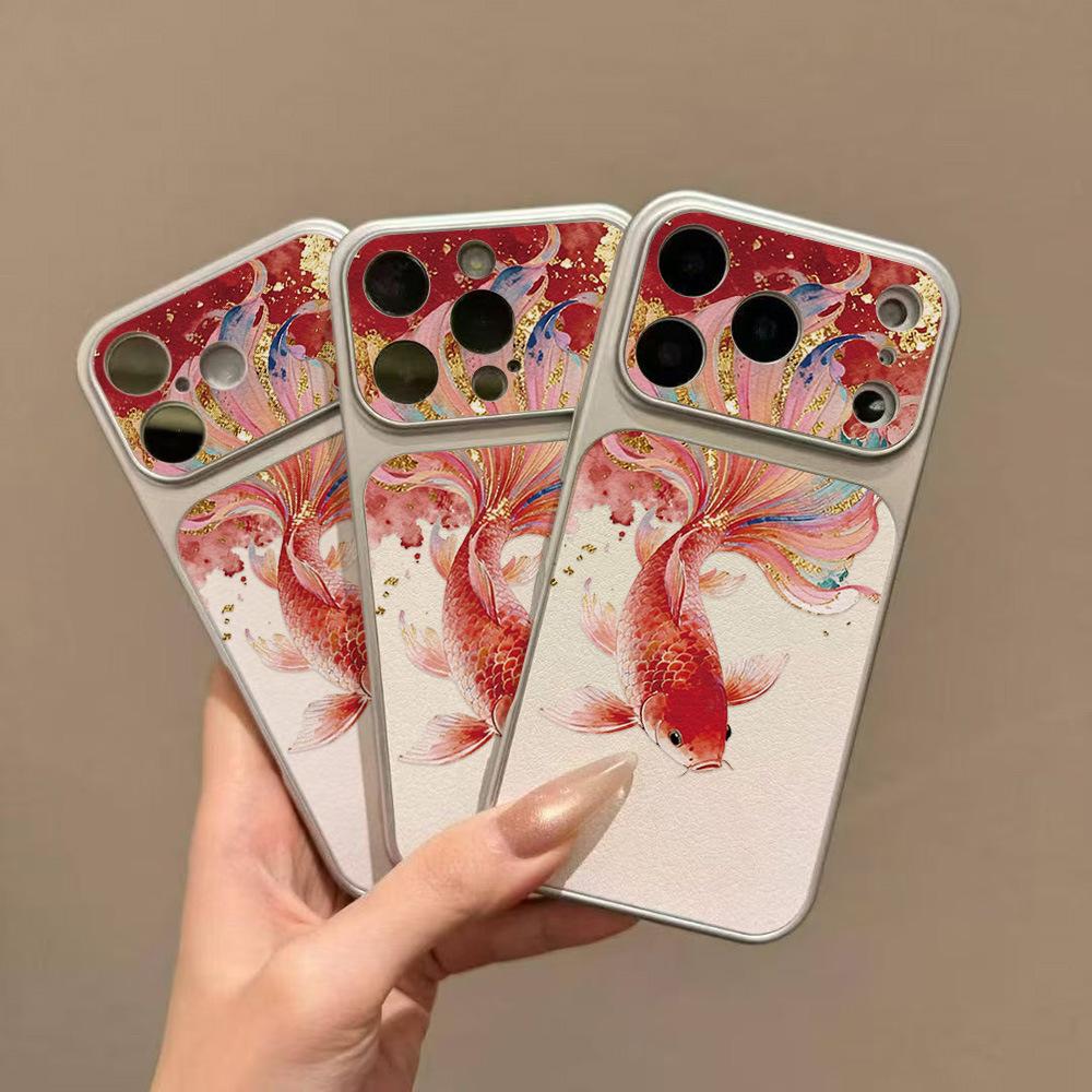 Electroplated lambskin colored koi is suitable for Apple 16/15/14/13promax mobile phone case 12/11 anti-drop