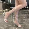 Women's Fashion Summer Sandals Lace Up Open Toe Square Heel Hot Selling Women's High Heel Sandals Cross Lace Up Large Size Shoes