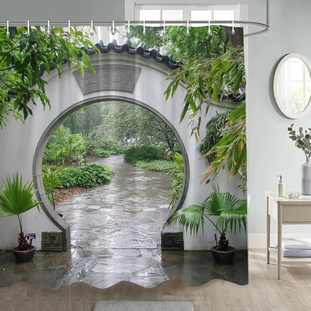 Forest Shower Curtains Sunshine Green Trees Plants Brown Window Nature Landscape Polyester Bathroom Curtain Set Decor with Hooks