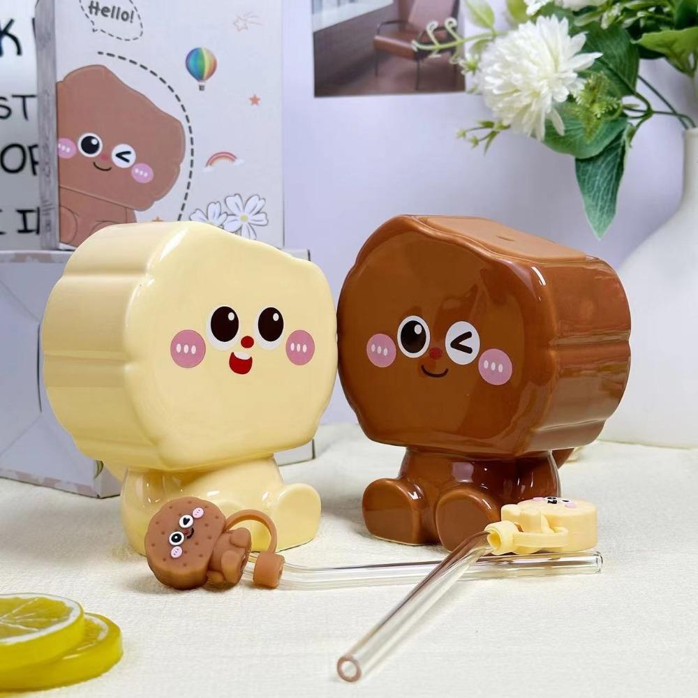 Biscuit Bear Couple Water Cup with Straw Ceramic Mug Birthday Gifts for Girlfriends Drinkware Gift Coffee Cups Desktop Decor