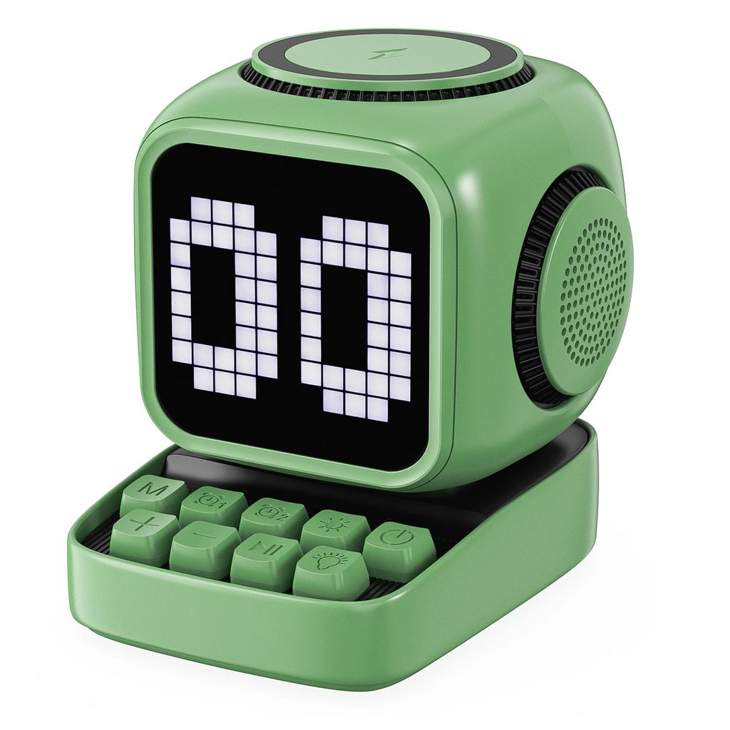 Wireless Charger Stand Retro Pixel Art Bluetooth Portable Speaker Alarm Clock LED Display Board Cute Gift Home Light Decoration