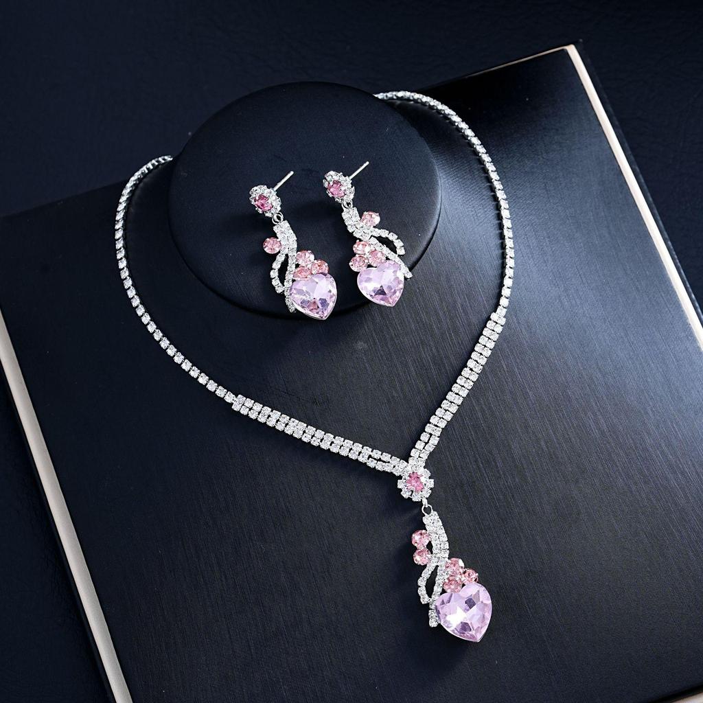 Luxury European & American Gemstone Heart Earrings & Necklace Set