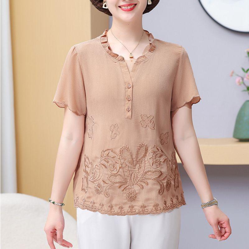

Women s Camel Brown Embroidered Blouse Short Sleeve Ruffled V Neck Loose Fit Casual Top XL хакі
