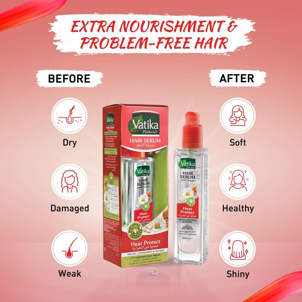 Vatika Naturals Hitzeschutz Haarserum (47 ml) | Natürliche Extrakte aus Argan, Kamille und Sesam | Fortschrittliche Hitzeschilde für das Haar