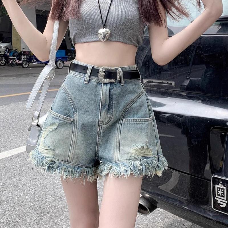 Vintage High Waisted Ripped Frayed Denim Shorts for Women Summer A Line Distressed American Retro Style