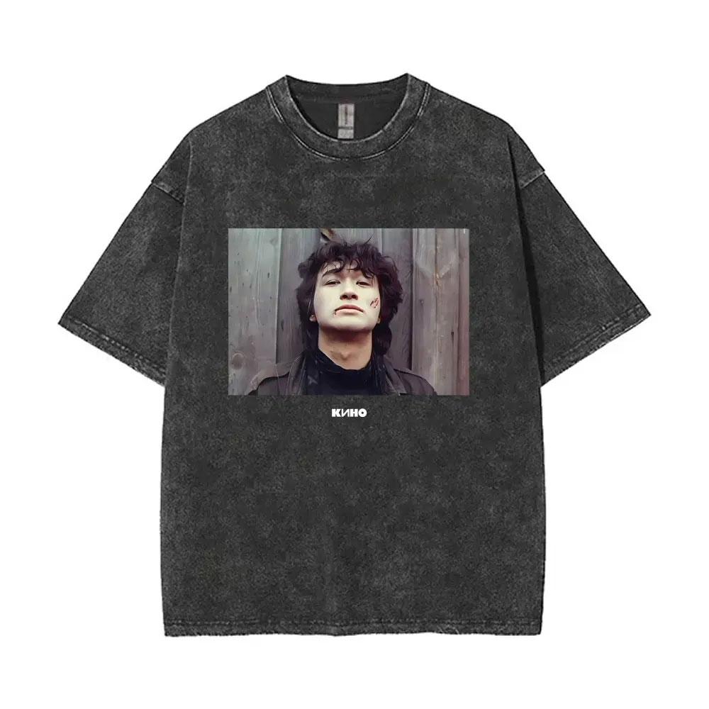 Viktor Tsoi Kino Nacht Vintage Gewaschene T-Shirts Klassische Russische Rock Gothic T-Shirts Herren Damen Lässig Polyester Übergroßes T-Shirt