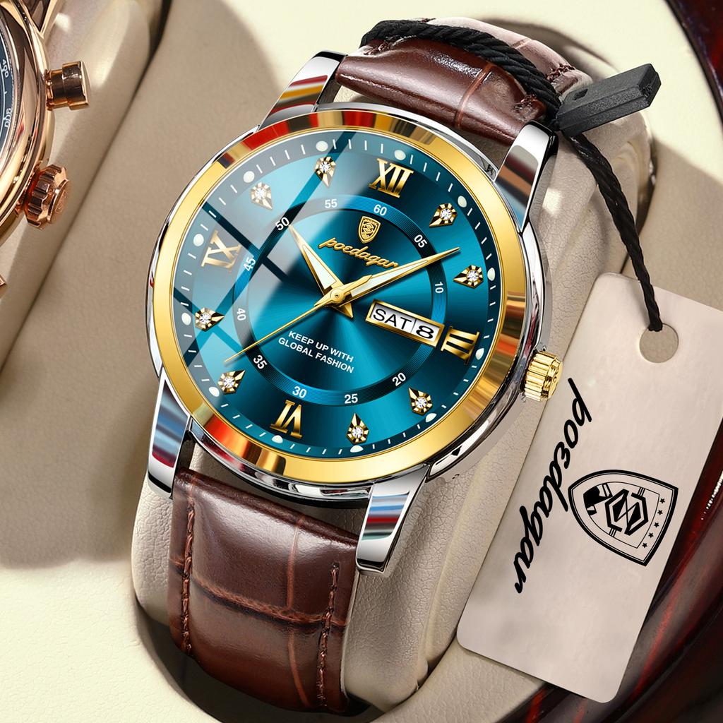 POEDAGAR Top Trendy Original Male Watches Waterproof Luminous Leather Fashion Man Watch Date Week Men's Quartz Wristwatch Reloj