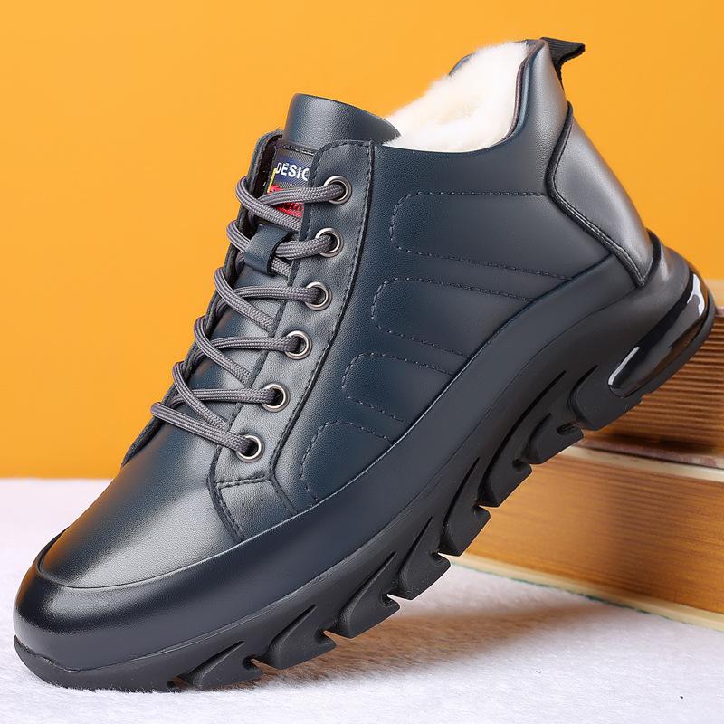 

Новые зимние мужские кожаные ботинки на платформе из чистой шерсти, английские модные высокие кроссовки со шнуровкой, сохраняющие тепло, синие и черные 38 синий