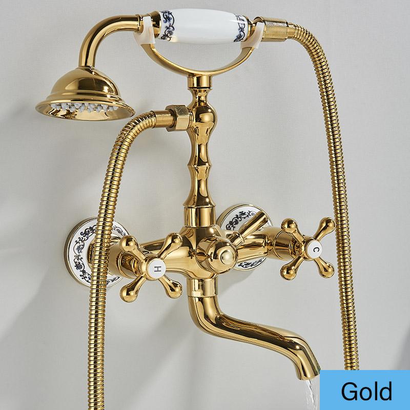Bathroom Bathtub Faucet Dual Handles Handheld with Hand Shower Bath Shower Mixer Tap Wall Mount Swivel Spout Tub Retro Faucet