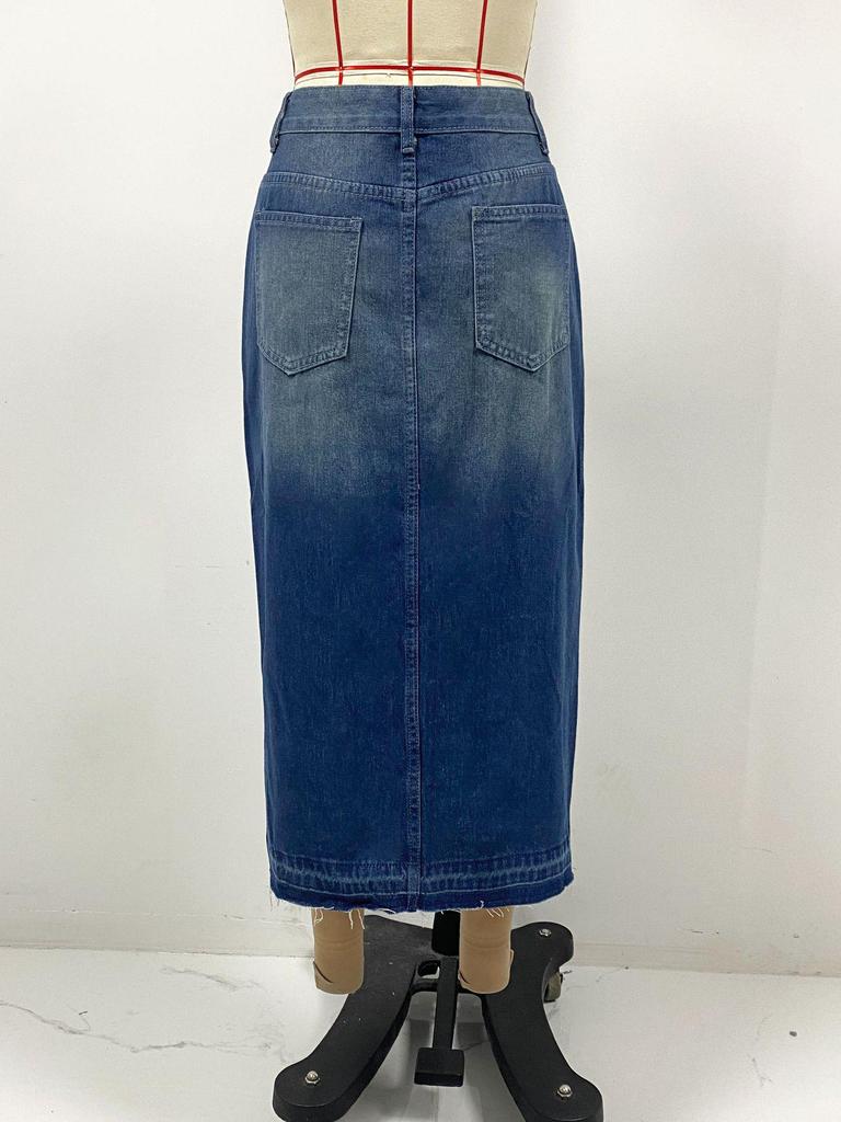 High Waist Washed Denim Slit Skirt - Slim Fit, Mid-length Retro Style for Women